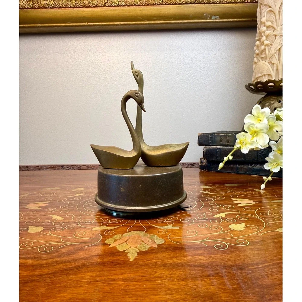 Vintage Mid Century Brass Swan Music Box • Spinning Double Swan